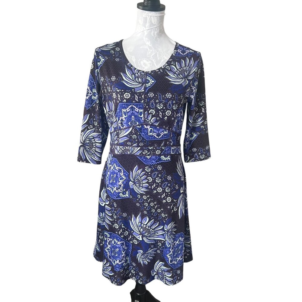 Title Nine Dream Dress Floral Athleisure Womens Medium Blue Purple Long Sleeve